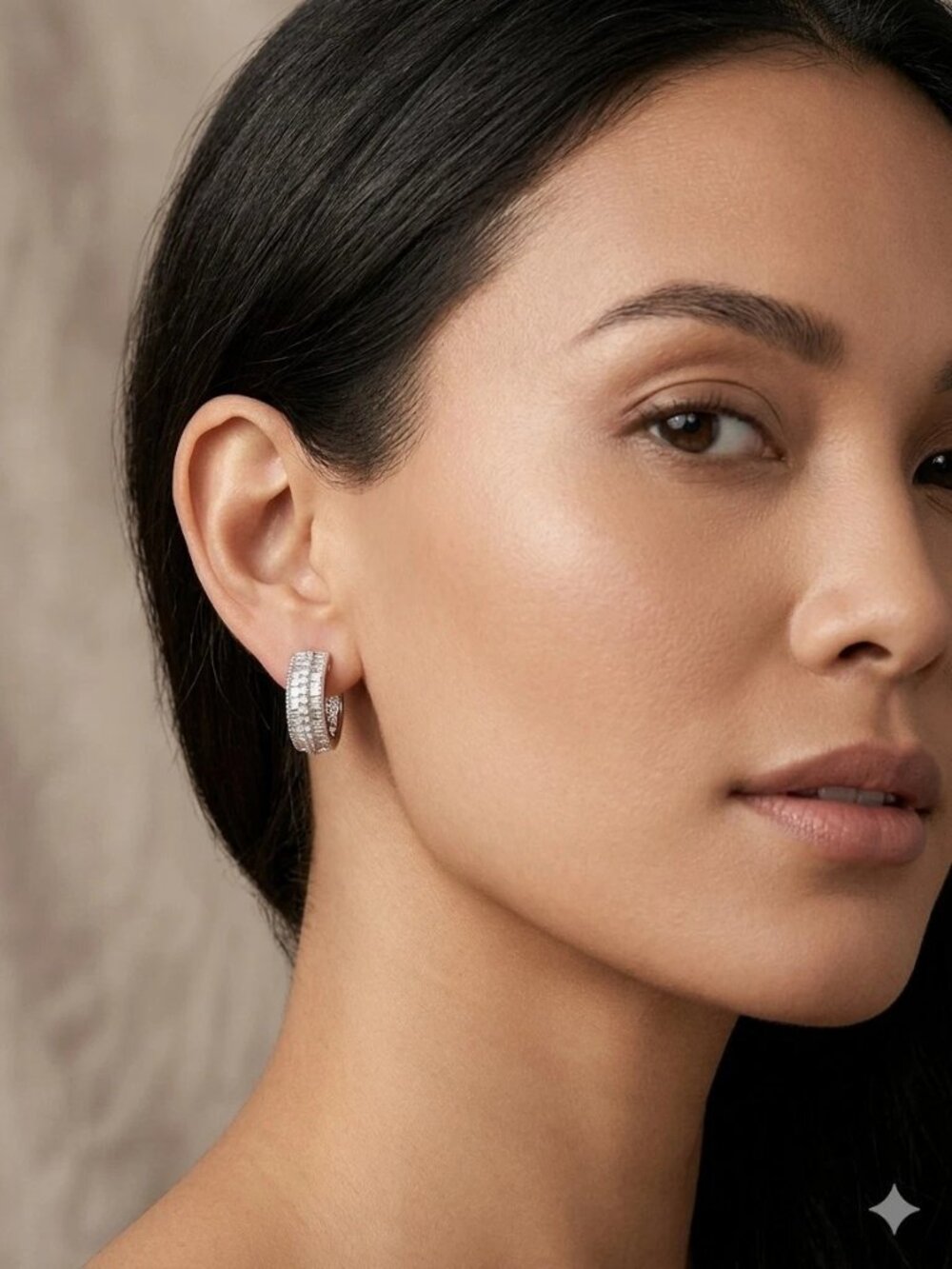 0.5 Natural Diamonds Baguette in Silver 925 Hoop Earrings